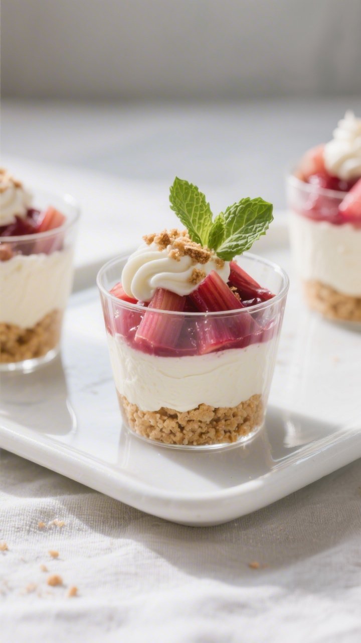 Final dish beauty shot: Rhubarb Cream Cheese Dessert Cups layered in clear 6-ounce glasses—crumbly