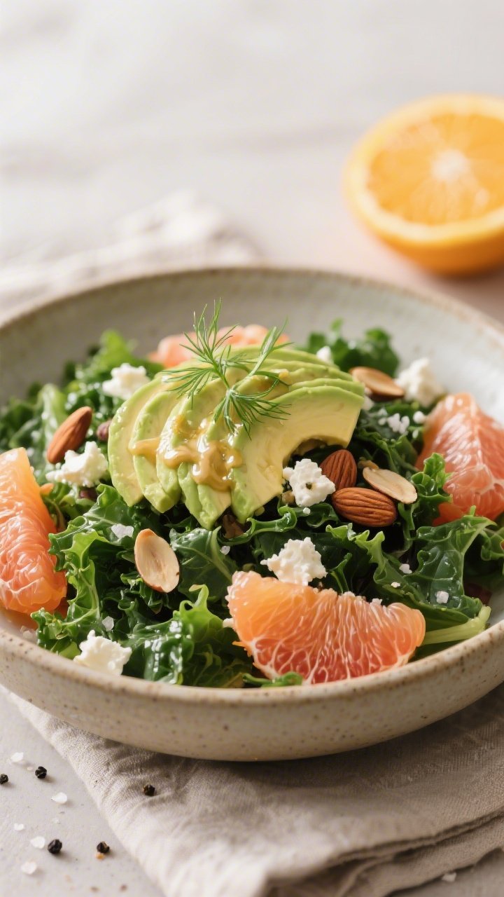 Final dish — finished plated salad: Beautifully plated Spring Kale Citrus Crunch Salad in a wide,