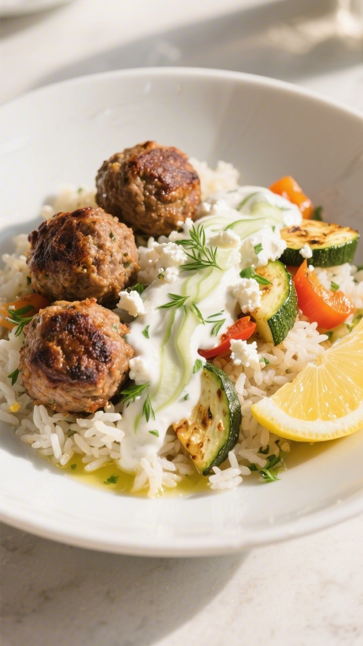 Final dish, plated presentation: Beautifully plated Baked Greek Meatballs with Rice & Veggies in a w