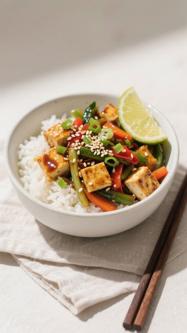 Final dish, plated presentation: Vegan Vegetable Teriyaki Rice Bowl neatly composed in a wide, matte