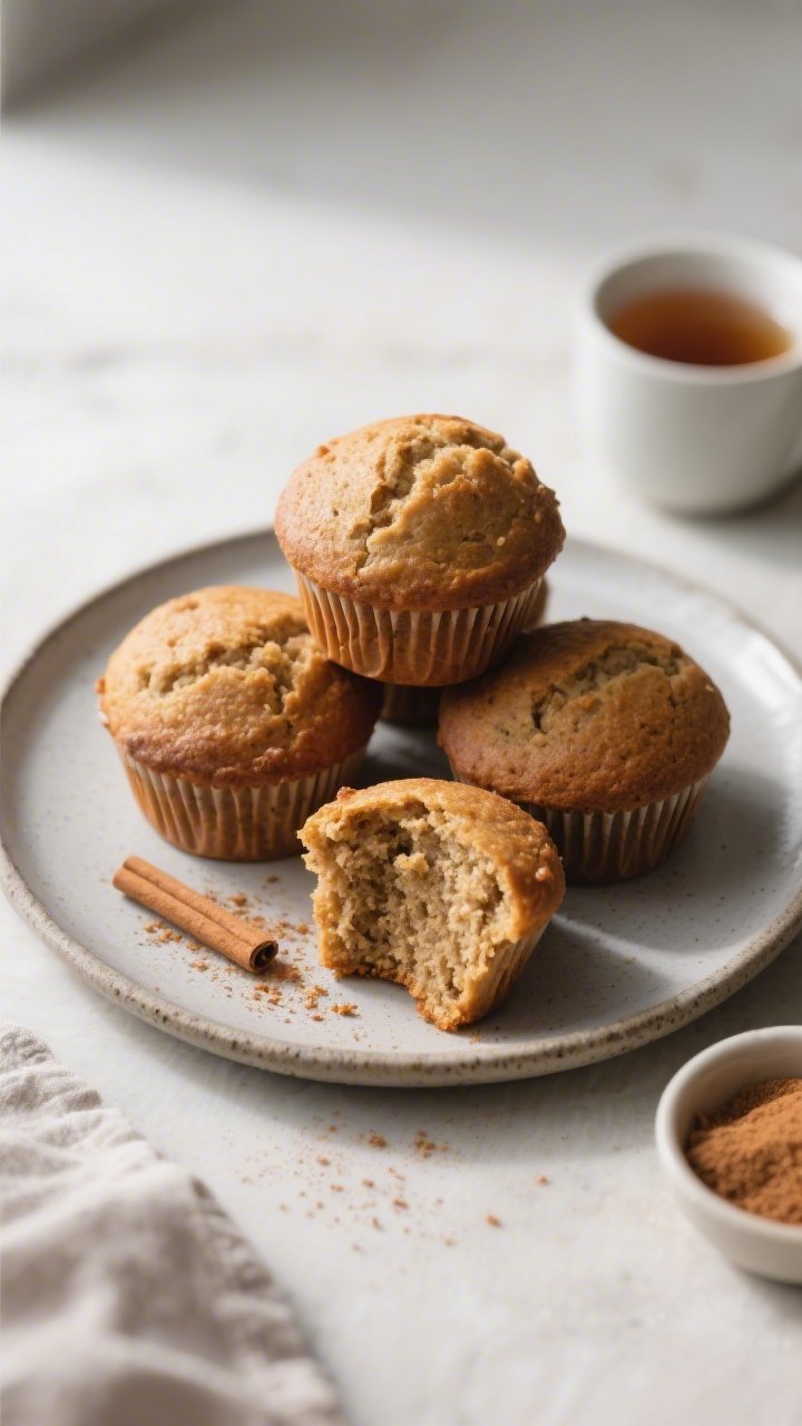 Final dish presentation: A plate of domed sourdough discard chai spice muffins stacked casually on a