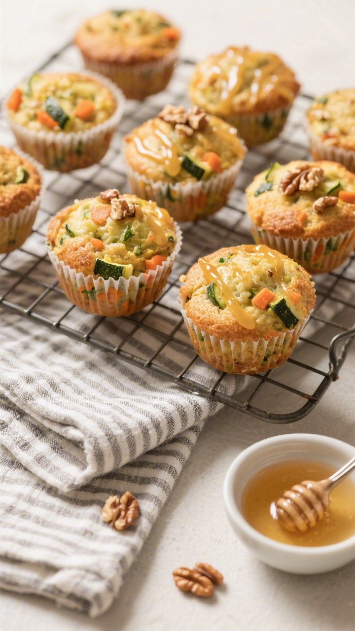 Final dish presentation: bakery-style arrangement of zucchini and carrot veggie muffins on a cooling