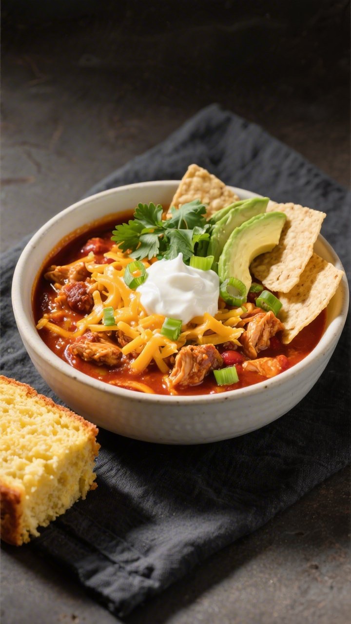 Final dish presentation: Beautifully plated bowl of Honey BBQ Chicken Chili topped with shredded che