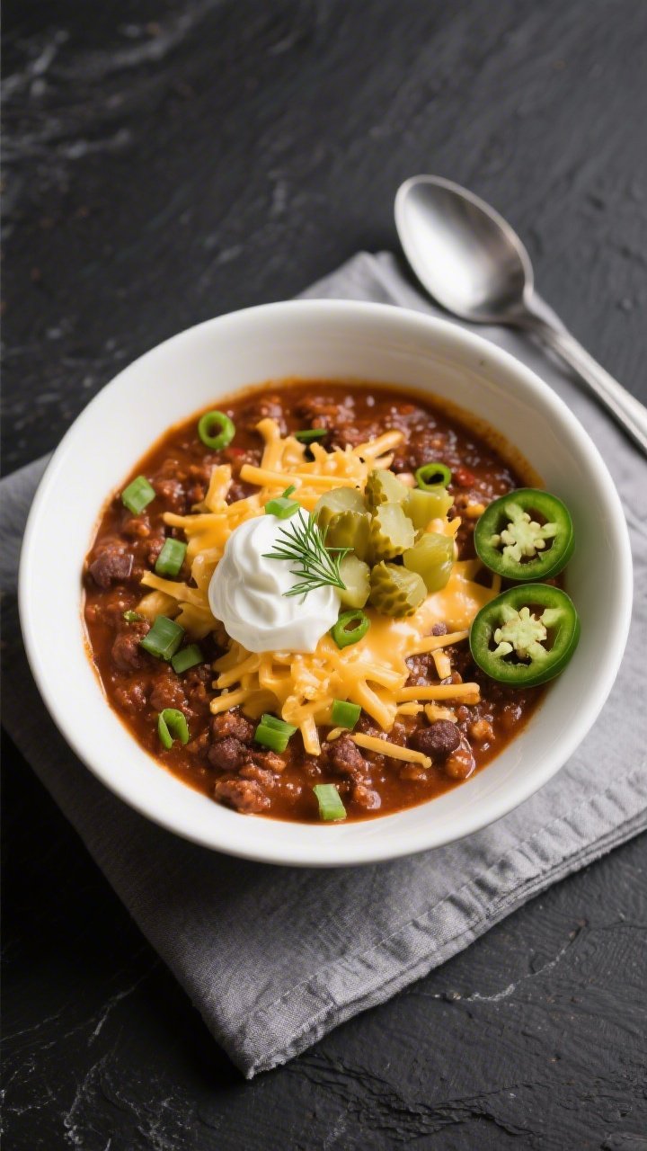 Final dish presentation: Beautifully plated bowl of pepper jack cheeseburger chili, thick and velvet
