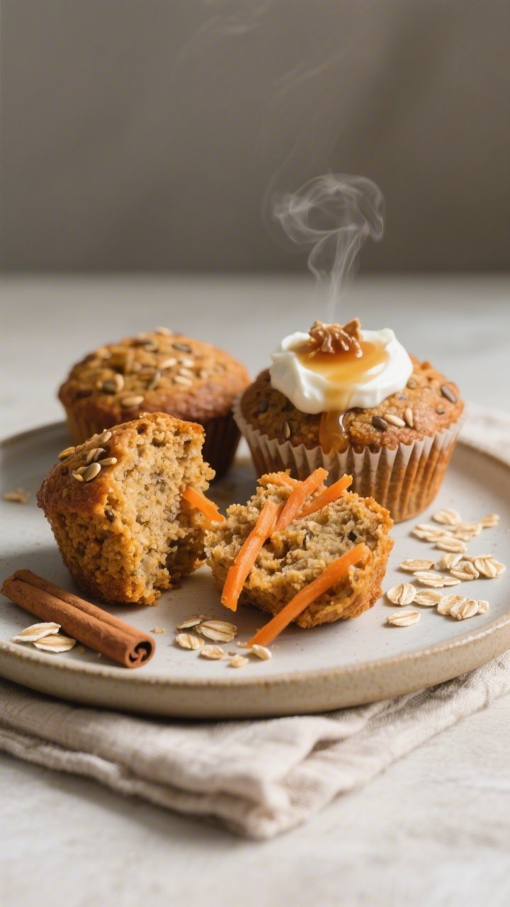 Final dish presentation: Beautifully plated carrot–flaxseed muffins on a neutral ceramic plate wit