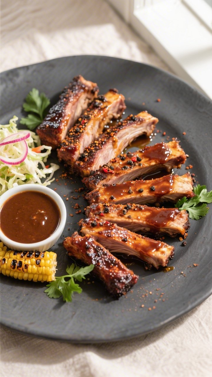 Final dish presentation: Beautifully plated Classic Smoky BBQ Pork Ribs sliced between bones into in