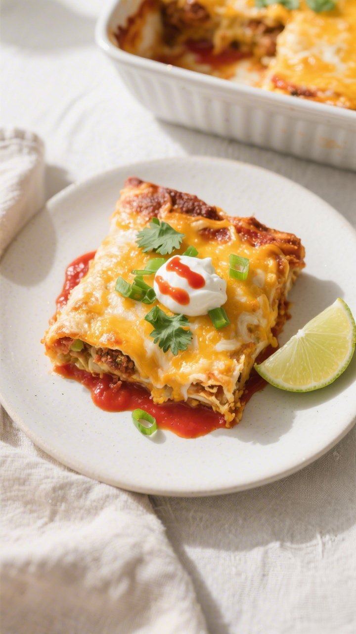 Final dish presentation: Beautifully plated slice of Cheesy Breakfast Enchilada Bake on a matte whit