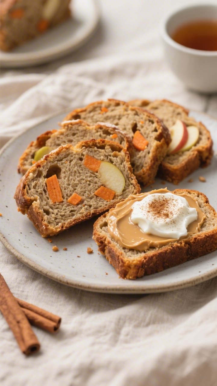 Final dish presentation: Beautifully plated slices of healthy apple carrot cinnamon bread fanned on 