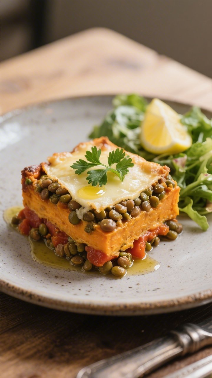 Final dish presentation: Beautifully plated square of the lentil and sweet potato bake on a matte st