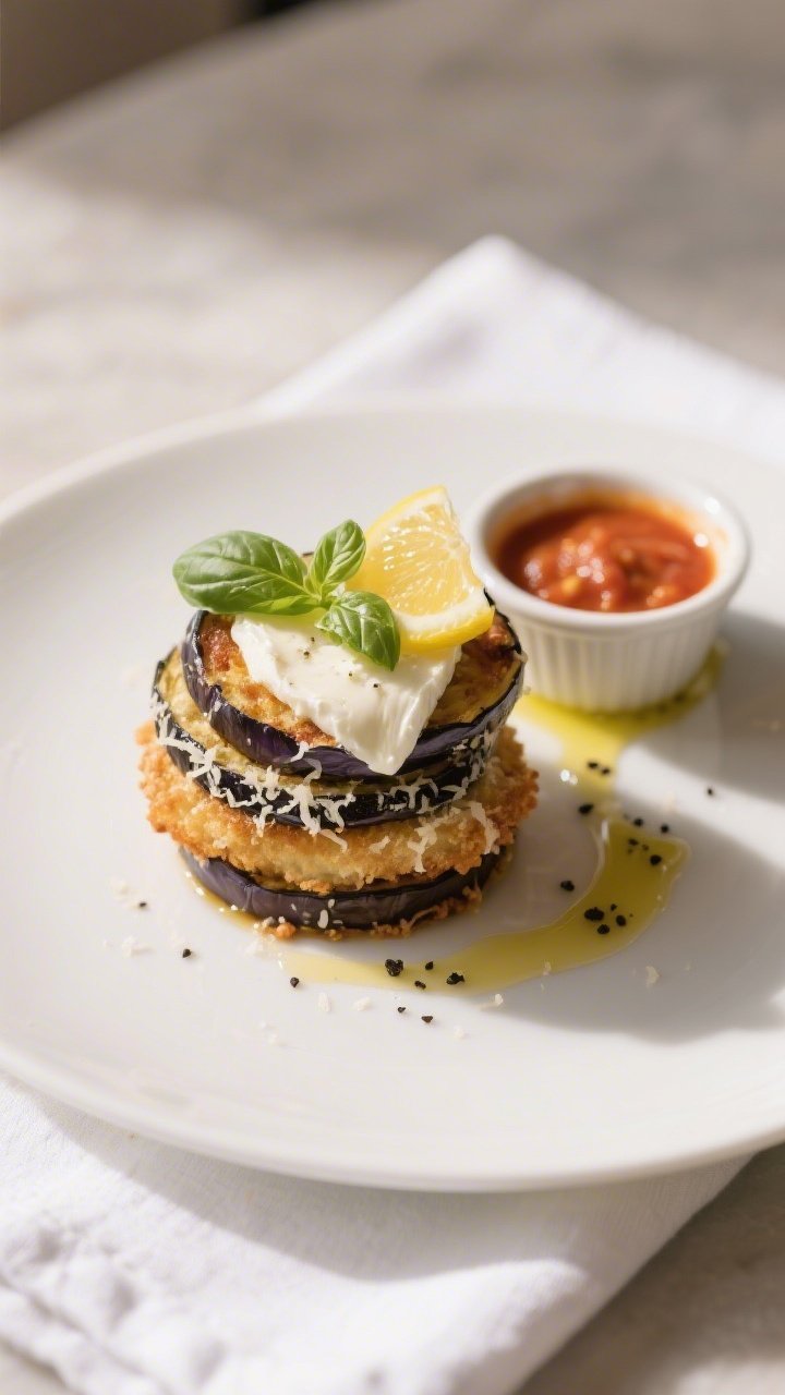 Final dish presentation: Beautifully plated stack of crispy Parmesan eggplant rounds topped with a t