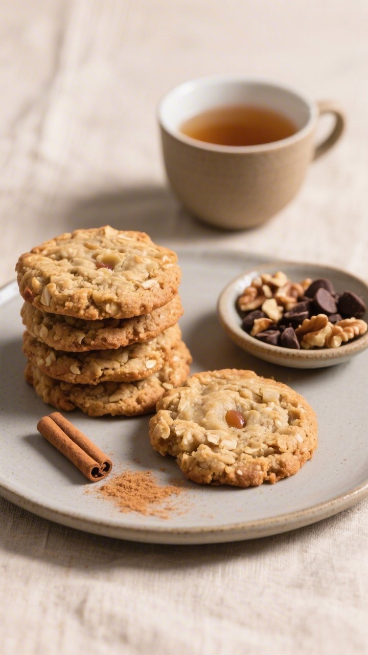 Final dish presentation: Beautifully plated stack of applesauce oatmeal cookies on a matte ceramic p