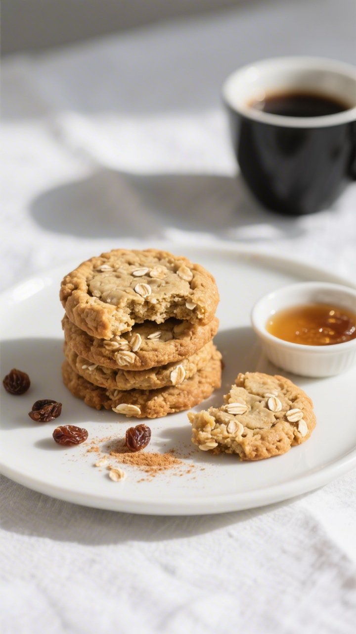 Final dish presentation: Beautifully plated stack of oatmeal banana breakfast cookies on a matte whi