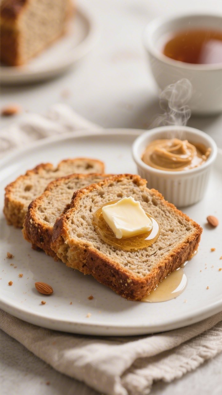 Final dish presentation: Beautifully plated toasted slices of honey whole wheat yogurt quick bread o