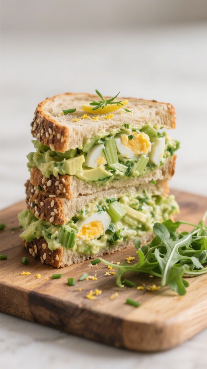 Final dish presentation: Diagonally sliced spring avocado egg salad sandwich stacked on a small rust