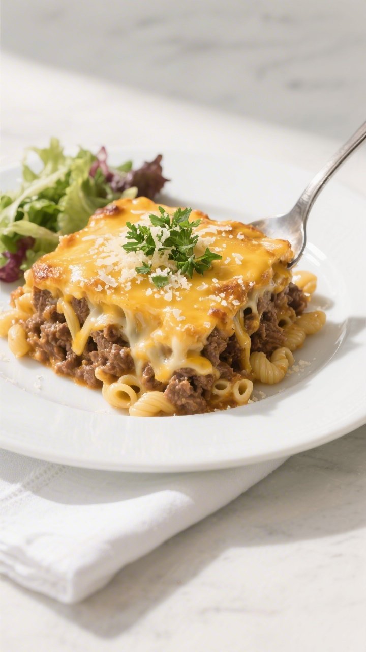 Final dish presentation: Overhead shot of a neatly scooped portion of Cheesy Beef & Macaroni Cassero