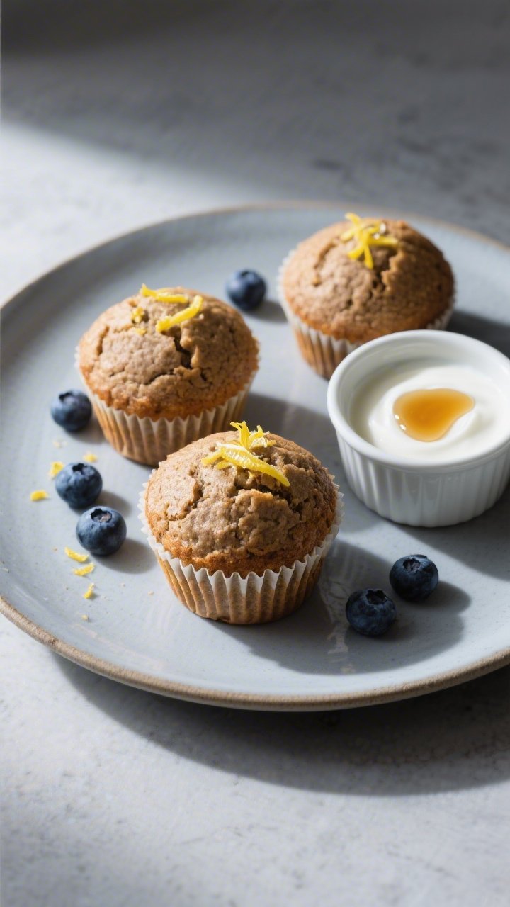 Final dish presentation: Restaurant-quality plate with three domed buckwheat blueberry muffins, one