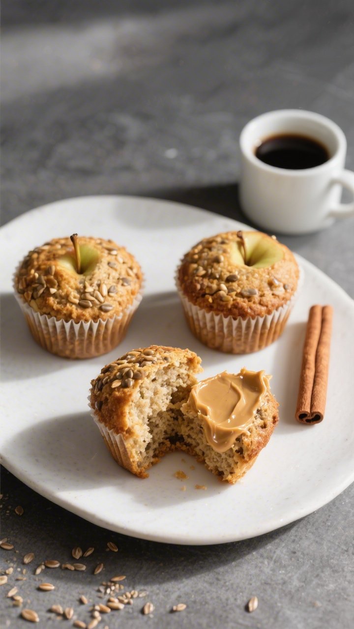 Final dish presentation: Restaurant-quality plate-up of three flaxseed apple cinnamon muffins on a m