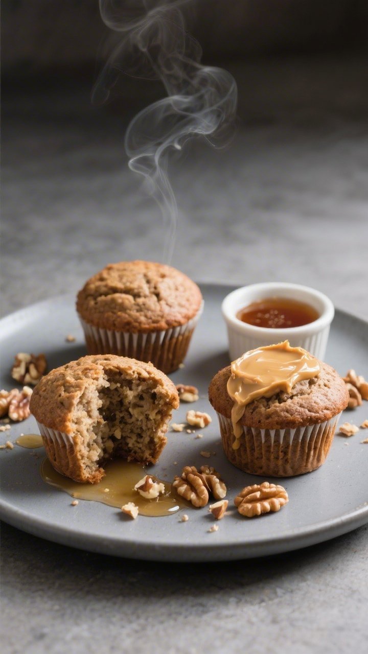 Final dish presentation: Restaurant-quality plate with three buckwheat banana walnut muffins—one w