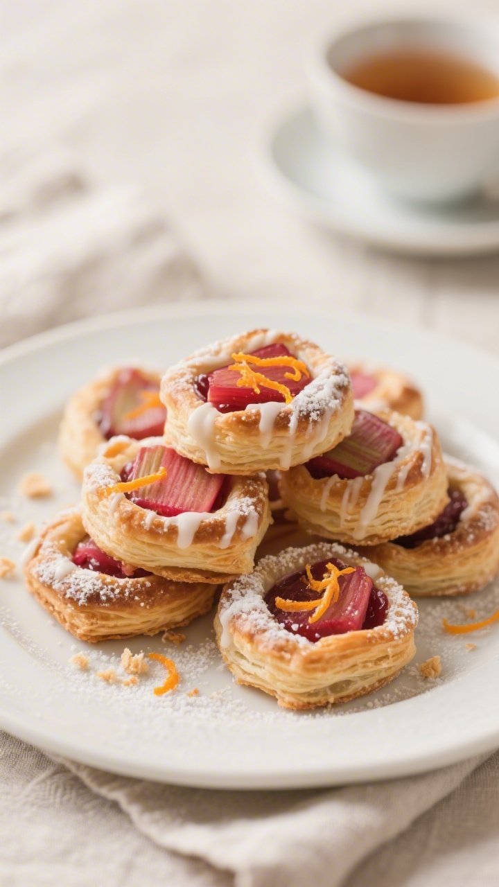 Final dish presentation: Restaurant-quality plate of Rhubarb Puff Pastry Bites arranged in a loose s