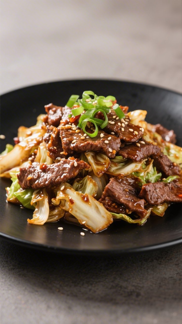 Final dish presentation: Restaurant-quality plate of Chili Garlic Beef & Cabbage Stir Fry without ri