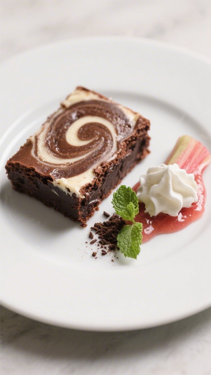 Final dish presentation: Restaurant-quality plated serving of a single Rhubarb Cream Cheese Swirl Br