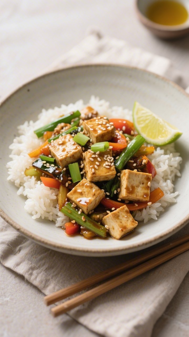 Final dish presentation: Restaurant-quality plated Vegan Garlic Ginger Tofu Stir-Fry over fluffy jas