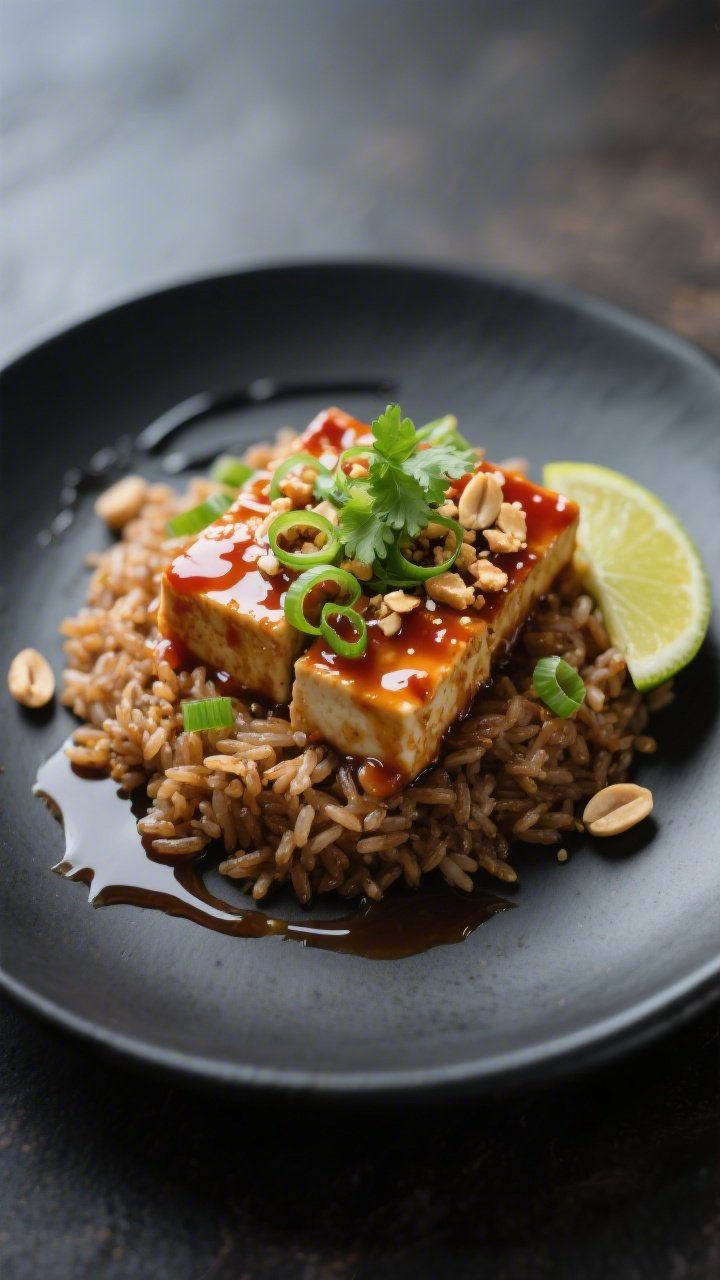 Final dish presentation: Restaurant-quality plating of Vegan Sweet Chili Tofu over brown rice on a m