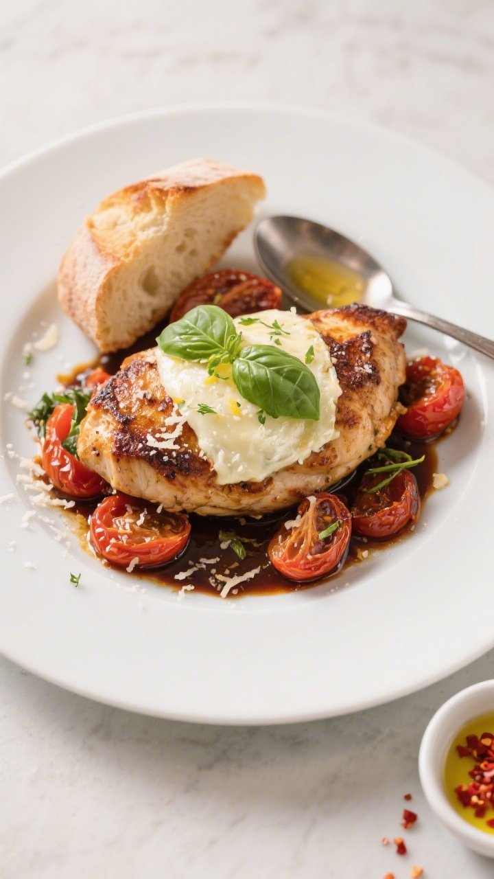 Final dish presentation: Restaurant-quality plating of Chicken Mozzarella Tomato Bake on a wide whit