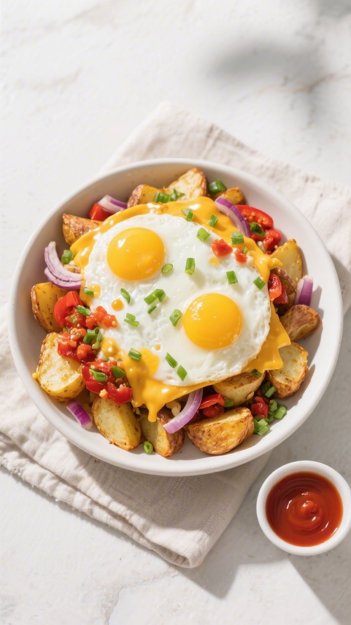 Final dish presentation: Restaurant-quality plating of Air Fryer Loaded Breakfast Potatoes with Eggs
