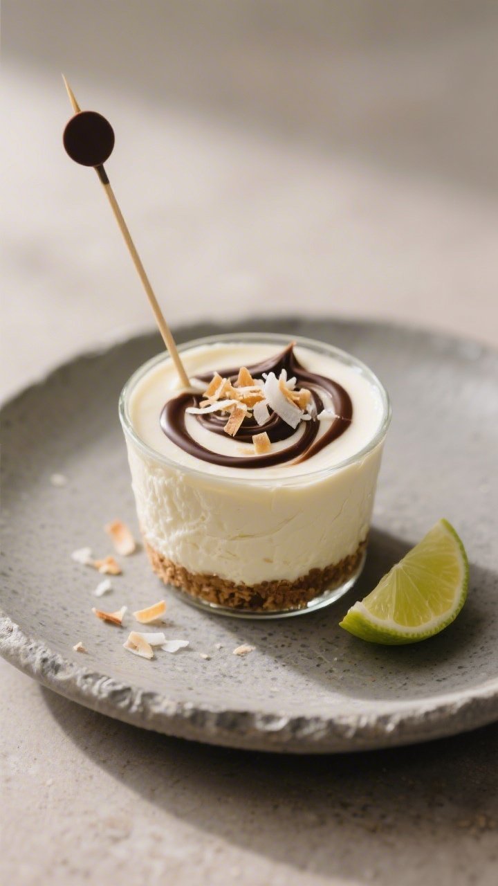 Final dish presentation: Restaurant-quality plating of a single Coconut Cream Keto Cheesecake Cup wi