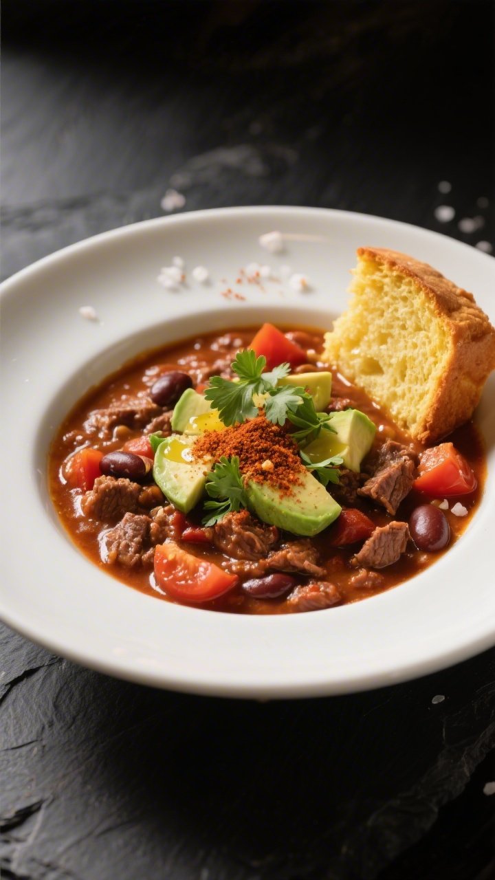 Final dish presentation: Restaurant-quality plating of Fire-Roasted Tomato Beef Chili in a wide, sha