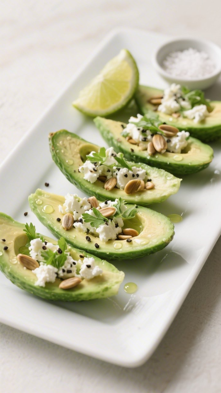 Final dish presentation: Restaurant-quality platter of avocado cucumber snack boats artfully arrange