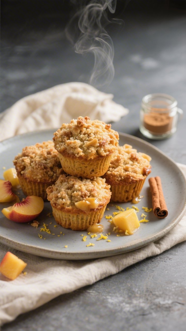 Final dish presentation: Restaurant-quality platter of golden sourdough discard peach cobbler muffin