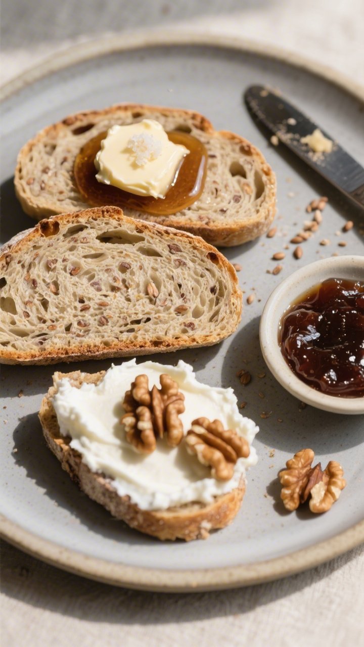 Final dish presentation: Slices of buckwheat honey bread arranged on a matte ceramic platter, showin