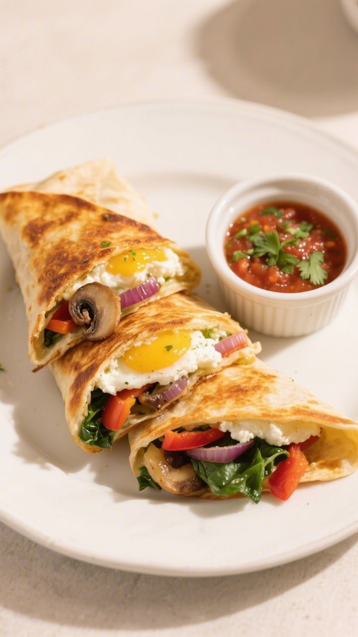 Final dish presentation: Toasted breakfast wraps, seam-side golden and crisp, sliced on the bias to