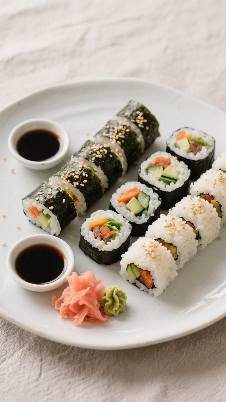 Final dish, tasty top view: Overhead platter of assorted vegan veggie sushi rolls (traditional nori-