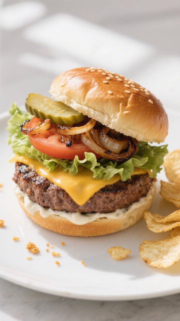 Final dish, tasty top view: Overhead shot of a fully assembled grilled beef burger on a lightly toas