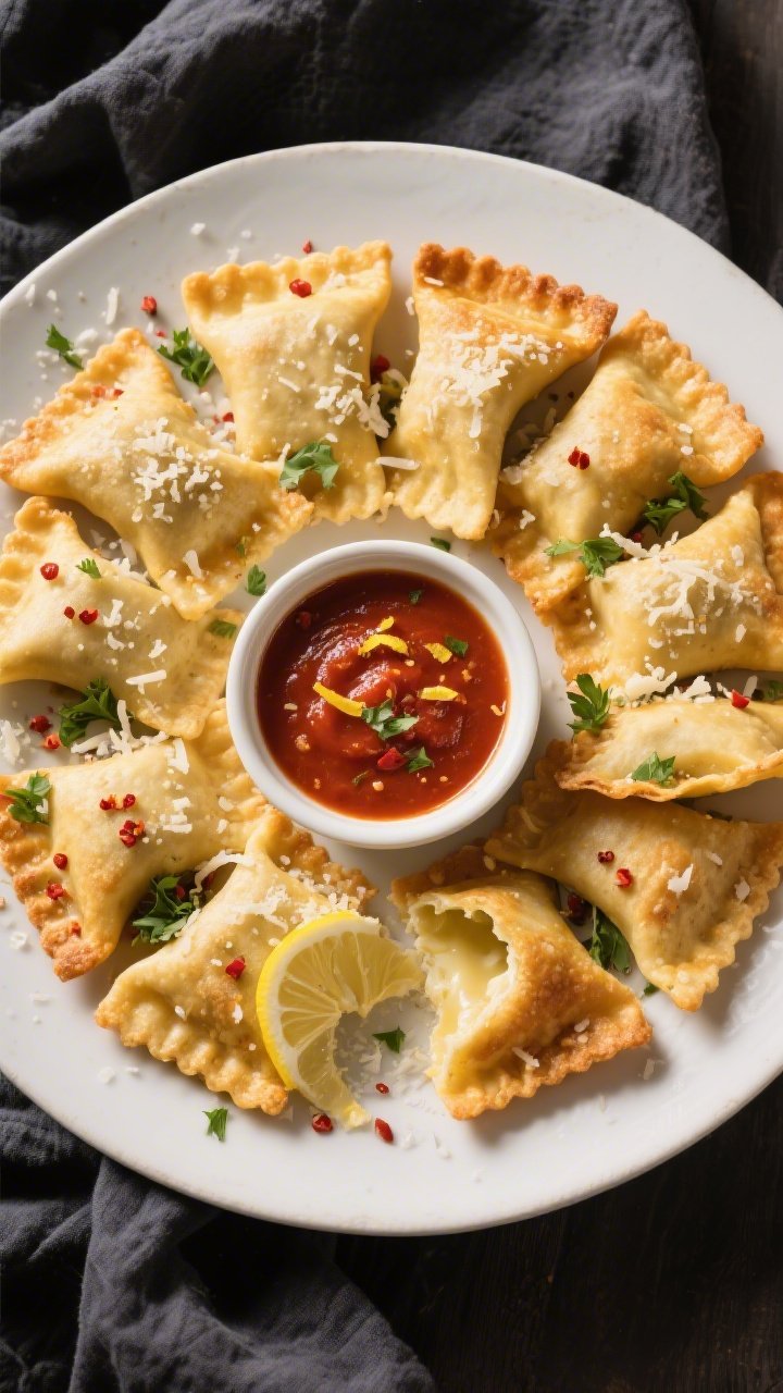 Final dish, tasty top view: Overhead shot of a party-ready platter of crispy ravioli arranged in a c