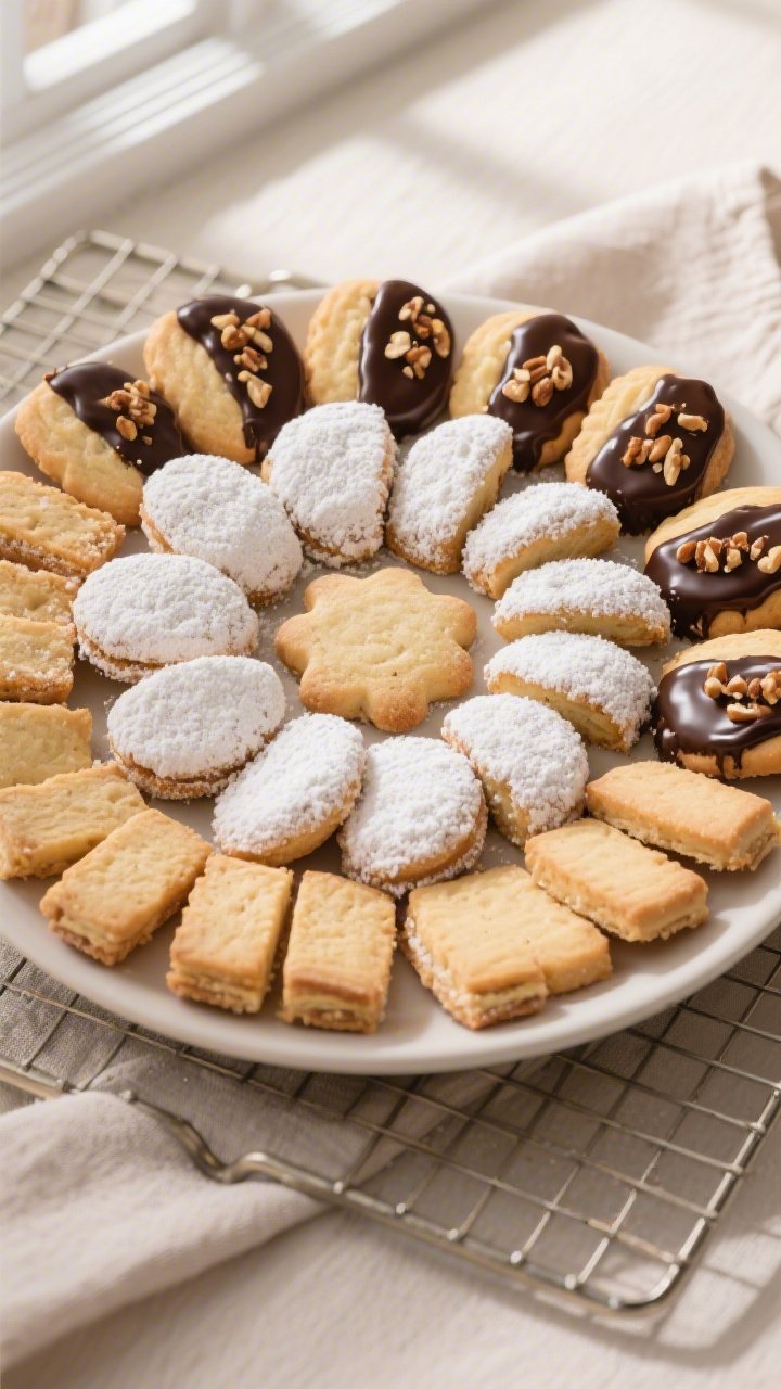 Final dish top view: Overhead shot of a platter of finished 3-ingredient butter cookies arranged in 