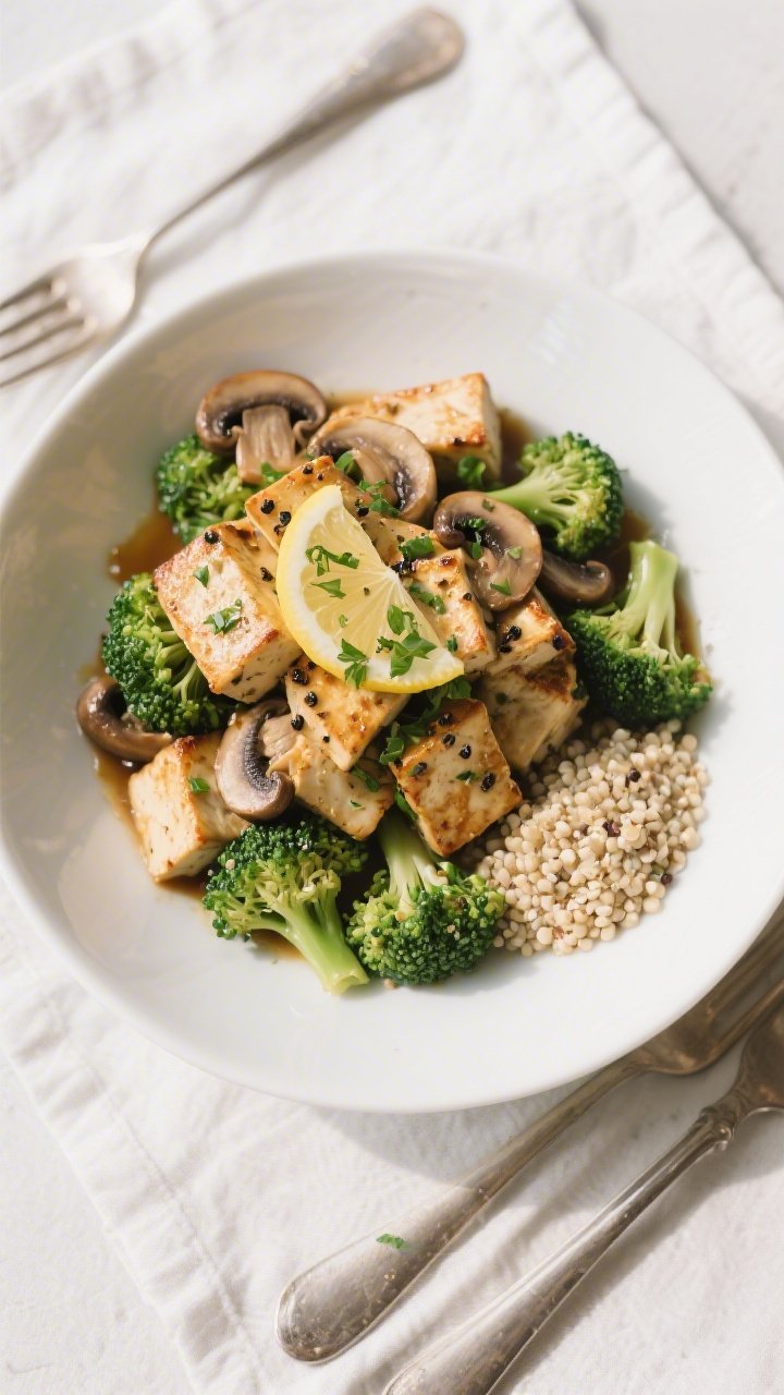 Final dish top-view: Overhead shot of Roasted Herb Tofu with Broccoli and Mushrooms plated in a wide