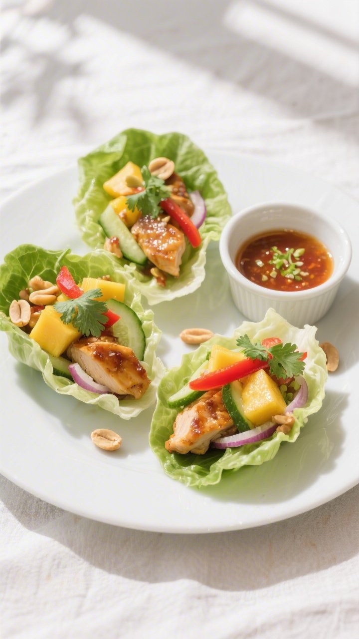 Final plated beauty shot: Spring Chicken Mango Lettuce Wraps assembled in tender butter lettuce cups