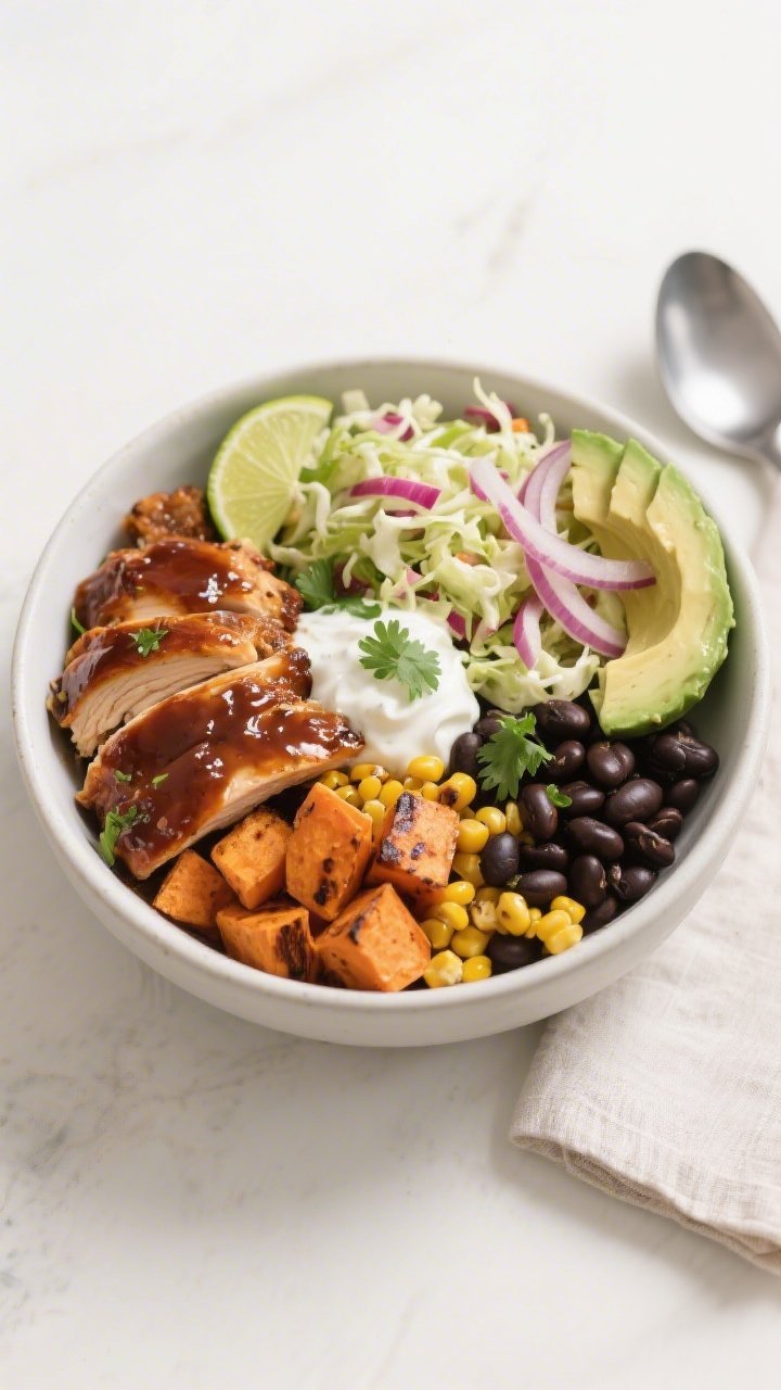 Final plated bowl beauty shot: BBQ Chicken Protein Sweet Potato Bowl assembled in a matte white cera