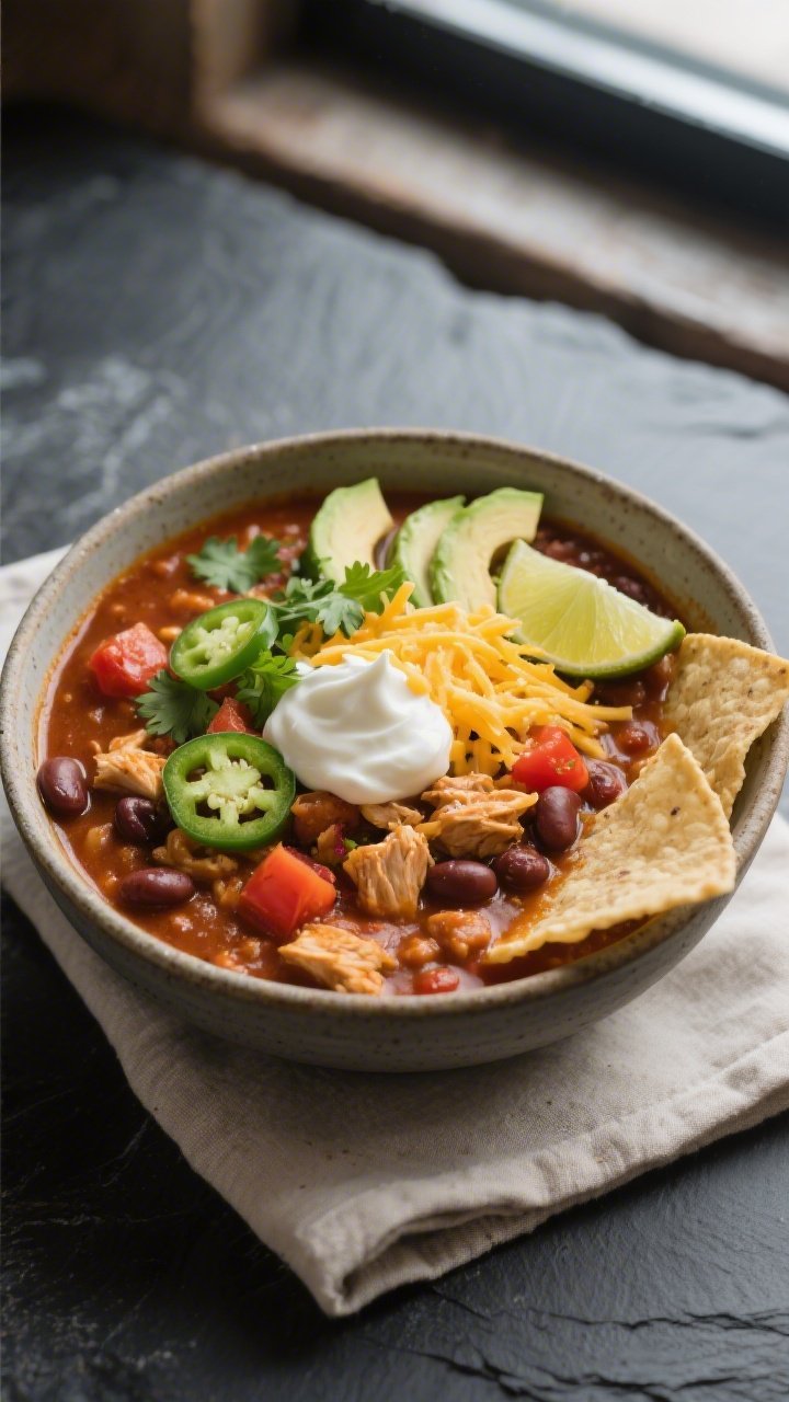 Final plated bowl, restaurant-quality: A deep ceramic bowl of Instant Pot Salsa Chicken Chili presen