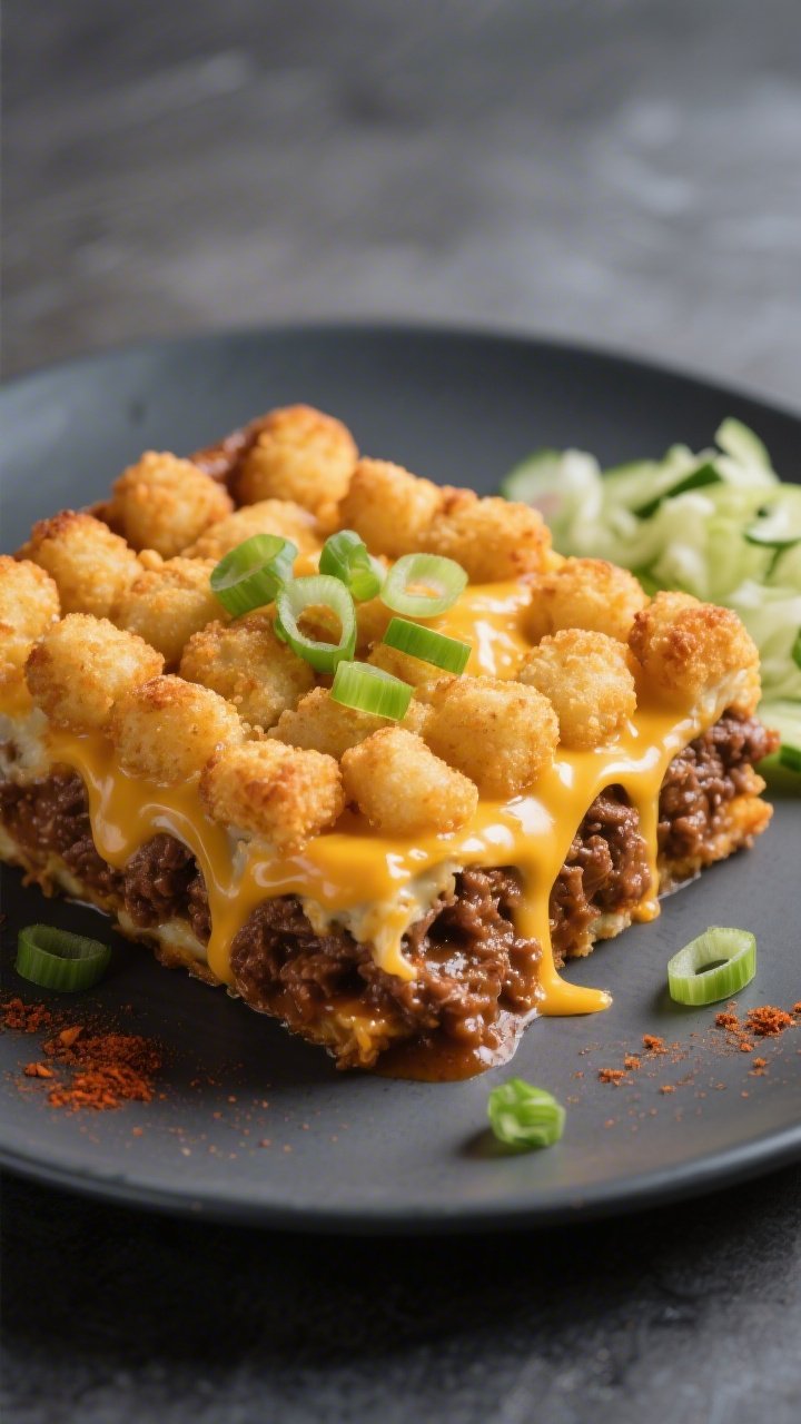 Final plated close-up: A generous square of Cheesy Sloppy Joe Casserole with a tater tot crust on a 