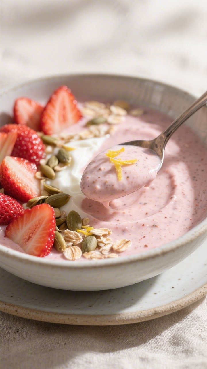 Final plated detail shot: Spoon scooping through the creamy strawberry–rhubarb, Greek-yogurt-and-p