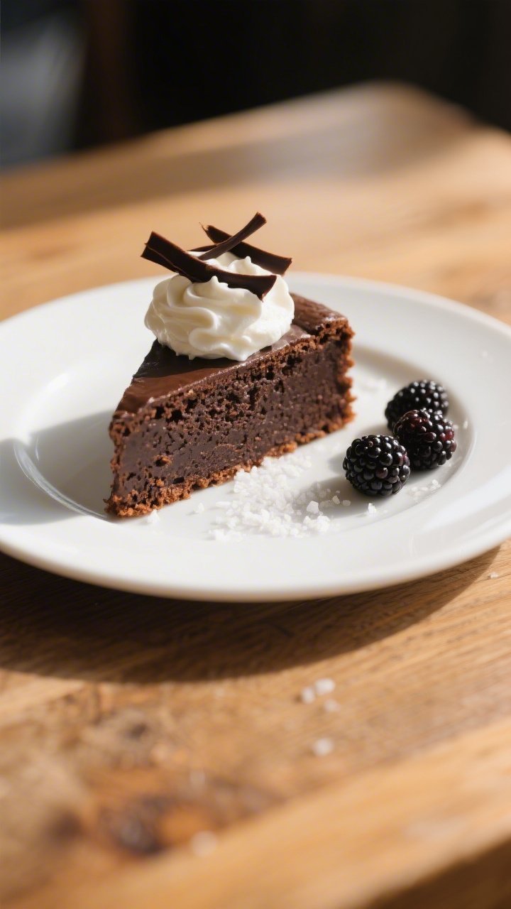 Final plated dish: A single immaculate slice of flourless dark chocolate almond cake on a white coup