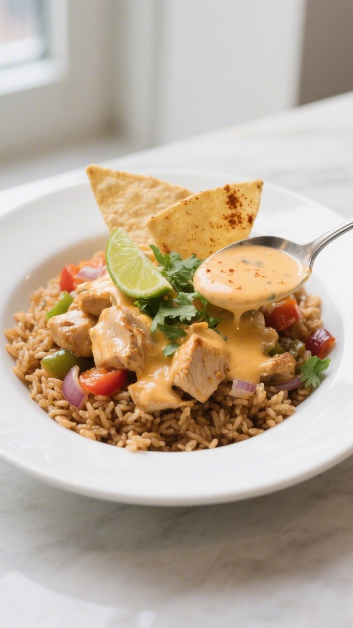 Final plated dish, : Beautifully plated chicken queso over fluffy brown rice in a wide white shallow