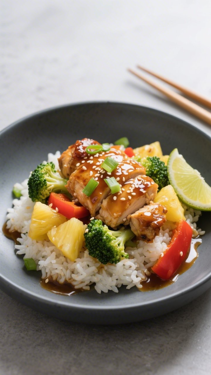 Final plated dish, : Beautifully plated Dump & Bake Honey Garlic Chicken with Pineapple & Veggies ov