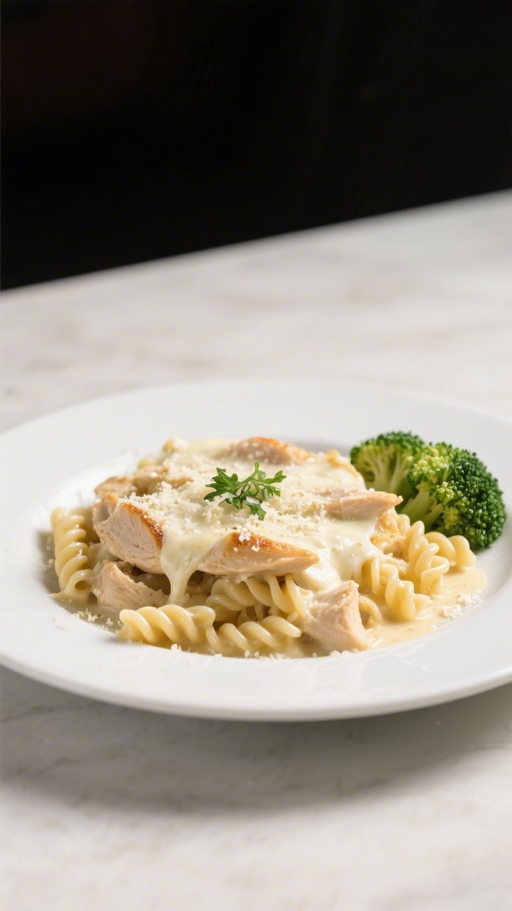 Final plated dish: Beautifully plated serving of Chicken Alfredo Cottage Cheese Pasta Bake on a wide