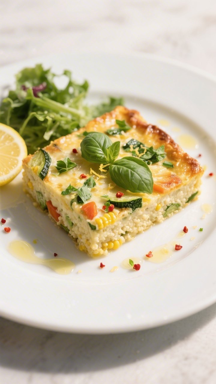 Final plated dish: Beautifully plated square of Italian Spring Veggie Polenta Bake on a matte white